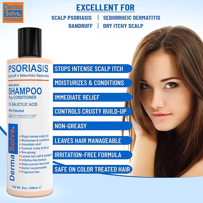 Dermasolve Scalp Psoriasis Medicated Shampoo & Conditioner - Naturally Heals Dandruff Seborrheic Dermatitis Itchy Flakey Inflamed Skin & Provides Soothing Moisturizing Relief - 8 oz bottles (2 Pack)