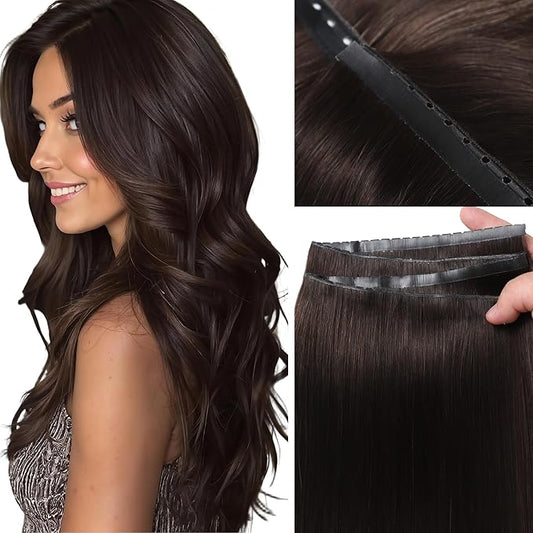 LOXXY Double Weft Invisible PU OVO Human Hair Extensions - Seamless Darkest Brown Straight Butterfly Weft Hair Extensions - 20 Inch 100g Glueless Micro Beads Real Human Remy Hair, Weft Width 31.5"