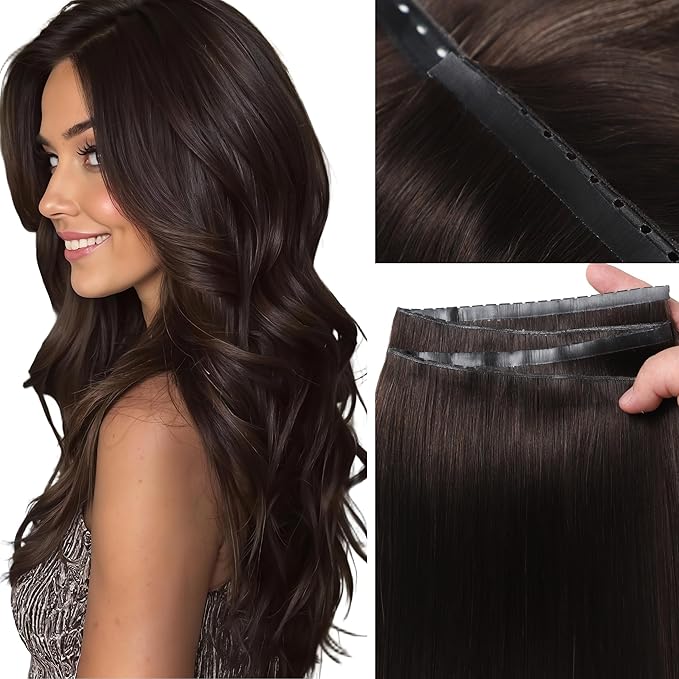 LOXXY Double Weft Invisible PU OVO Human Hair Extensions - Seamless Darkest Brown Straight Butterfly Weft Hair Extensions - 22 Inch 100g Glueless Micro Beads Real Human Remy Hair, Weft Width 31.5"