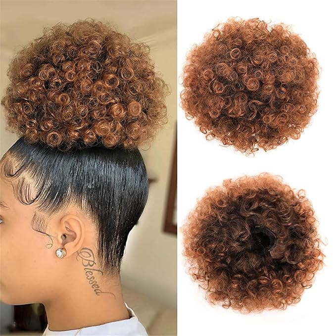 Afro Puff Drawstring Ponytail Extension for Black Women Girls, Human Hair Brown 4# Afro Kids Short Wigs 6 Inch Afro Puff Ponytail, Clip On Kinky Drawstring Curly Ponytail Messy Hair Bun Hairpieces