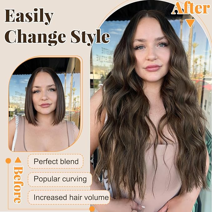 ALXNAN Clip in Hair Extensions for Women,Chocolate Brown with Dark Brown Long Wavy Hair Extensions Clip Ins 4PCS 20 Inch Synthetic Soft and Natural Thick Hair Pieces for Women