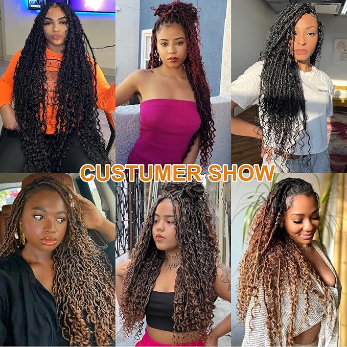 COOKOO 20 Inch 8 Packs Goddess Locs Crochet Hair Natural Black Boho Faux Locs Crochet Hair with Curls Pre Looped River Locs Hair for Black Women Bohemian Locs Synthetic Hair Extensions 1B#