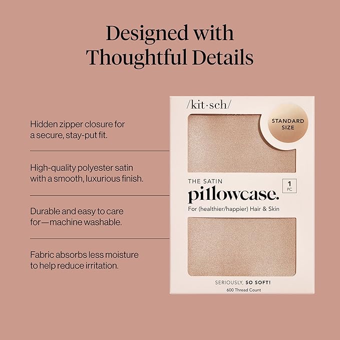 Kitsch Satin Pillowcase with Zipper for Hair & Skin, Softer Than Silk Pillow Cases Queen, Wrinkle-Free, Smooth and Cooling Satin Pillow Covers, Standard Size 19"x26" - Champagne