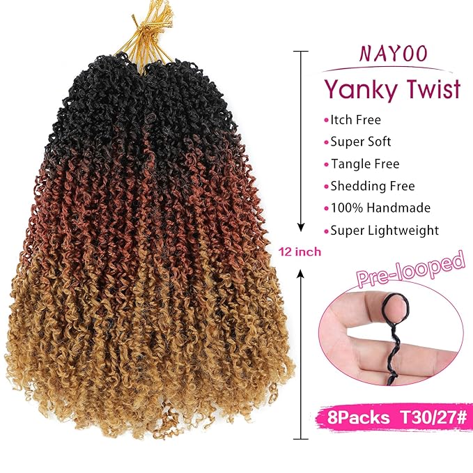 NAYOO 12 Inch Yanky Twist Crochet Hair - 8 Packs (30 Stands/Pack) Mini Passion Twist with Curly Ends Synthetic Pre-Looped Crochet Braids Braiding Hair12 Inch, OT30/27)