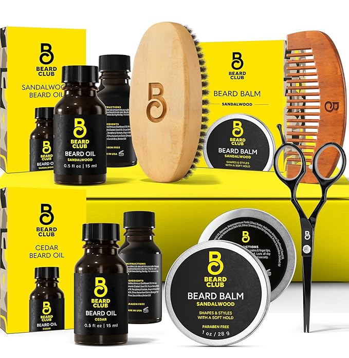 The Beard Club Beard Kit for Men - Grooming & Care Kit - Cedar & Sandalwood Oil, Sandalwood Balm, Boar Bristle Brush, Comb, Trimming Scissors - Dad Gift Set