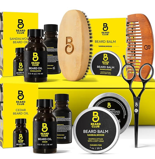 The Beard Club Beard Kit for Men - Grooming & Care Kit - Cedar & Sandalwood Oil, Sandalwood Balm, Boar Bristle Brush, Comb, Trimming Scissors - Dad Gift Set