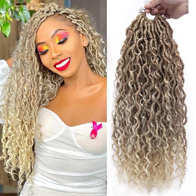 Goddess Locs Crochet Hair 18Inch Boho FauxLocs,Crochet Locs With Curly Ends River Hippie Bohemian Loc Crochet Hair 4Packs(27/613, 18inch)
