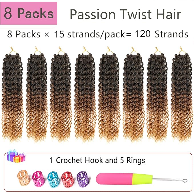 Passion Twist Hair 12 Inch 8 Packs Water Wave Crochet Hair Curly Braiding Hair For Butterfly Locs Long Bohe Crochet Braids (12 Inch (Pack of 8), 1B/30/27)