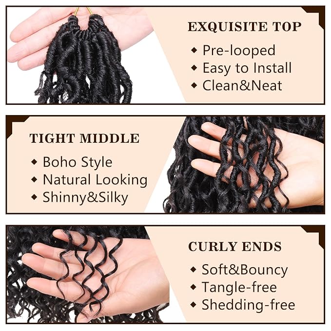 COOKOO 24 Inch New Goddess Locs Crochet Hair 8 Packs Wavy Faux Locs Synthetic Hair with Curls Pre Looped Boho Soft River Locs Crochet Hair Synthetic Hair Extensions 1B#
