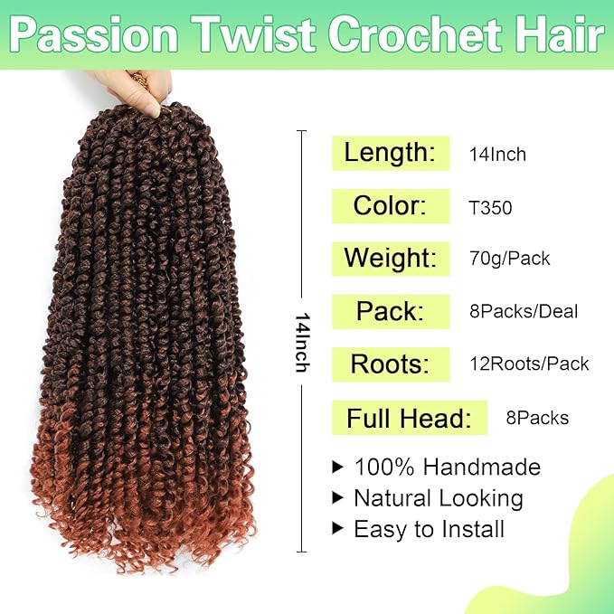 Passion Twist Crochet Hair 14Inch Passion Twist Hair 8 Packs Pre-Twisted Passion Twist Crochet Hair for Black Women Soft Passion Twist Curly Crochet Hair T350