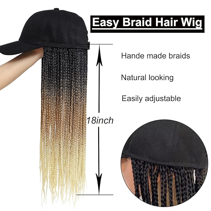 Braided Baseball Cap Wig Box Braid Hair Extensions with Hat Ombre black brown blonde Cap Wig with 18inch Long Synthetic Braiding Hair for Women (18inch 1B/27/613)