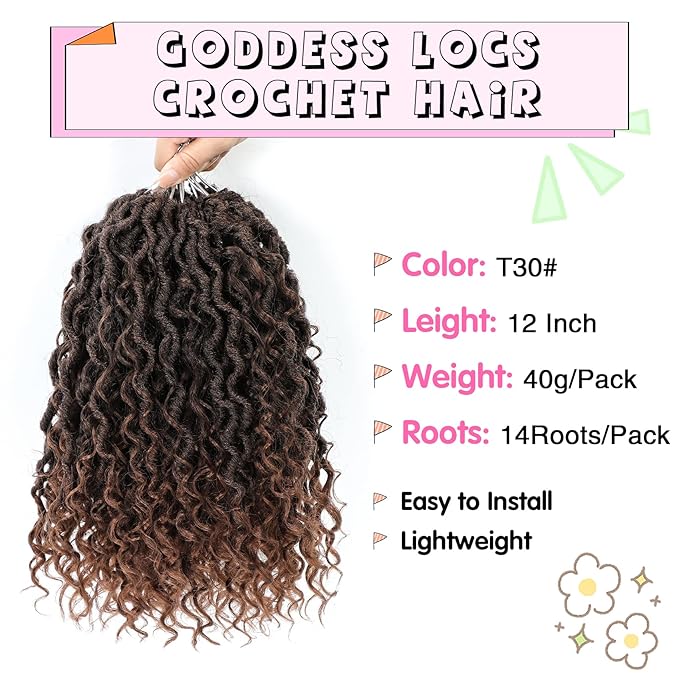 Fulcrum Goddess Locs Crochet Hair 12 Inch, 8 Packs New Faux Locs Crochet Hair for Black Women, Crochet locs with Curly Ends (12Inch (Pack of 8), T30#)