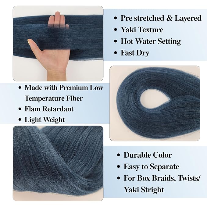 Navy Blue Braiding Hair Pre stretched Hypoallergenic Blue Braiding Hair Extensions for Knotless Braids Prestretched Yaki Texture（Packs of 6,26",21 OZ）