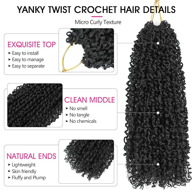 NAYOO 12 Inch Yanky Twist Crochet Hair - 8 Packs (30 Stands/Pack) Mini Passion Twist with Curly Ends Synthetic Black Pre-Looped Crochet Braids Braiding Hair (12 Inch, 1B)