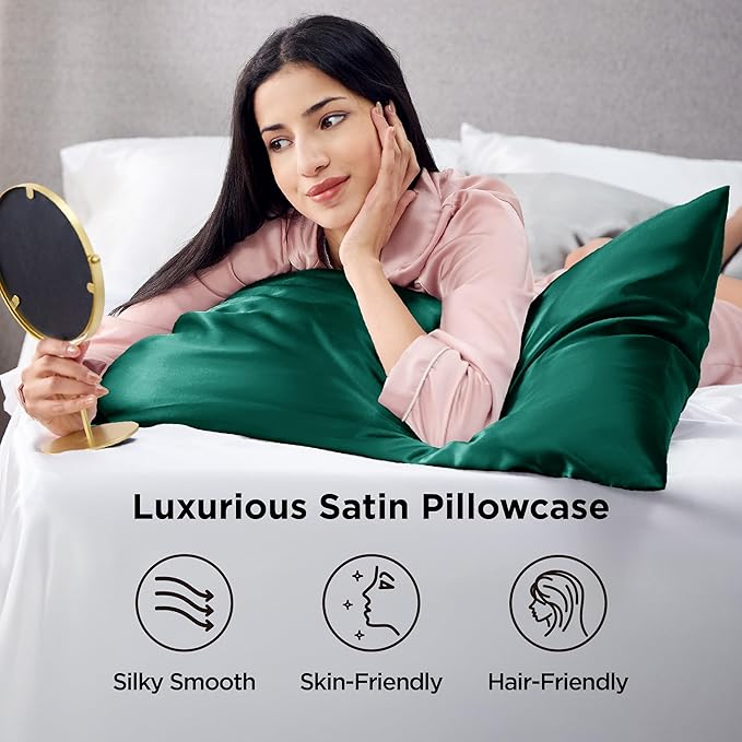 Bedsure King Size Satin Pillowcase Set of 2 - Dark Green Pillow Cases for Hair and Skin with Envelope Closure, Similar to Silk Pillow Cases, Gifts for Women, 20x36 Inches, 2pcs