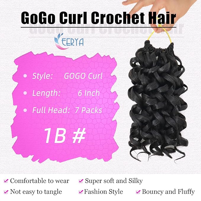 7 Packs GoGo Curl Crochet Hair 6 Inch Short Curly Crochet Hair for Women Water Wave Beach Curl Deep Twist Crochet Braids Synthetic Braiding Hair Extensions (6 Inch, 1B)