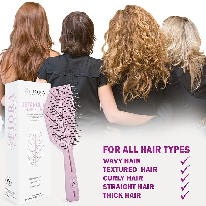 Fiora Naturals Hair Detangling Brush for Women - Detangler Hair Brush w/Flexible Soft Bristles- Gently Glides Through Tangles - Curly, Fine, Dry and Shower Wet HairBrush, cepillo para cabello - Pink