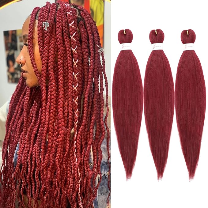 Dorsanee Burgundy Braiding Hair Pre Stretched 24 Inch 3 Packs Braiding Hair Extensions for Box Braids Twists Locs Hair Soft Yaki Texture Hot Water Setting (#Burgundy)