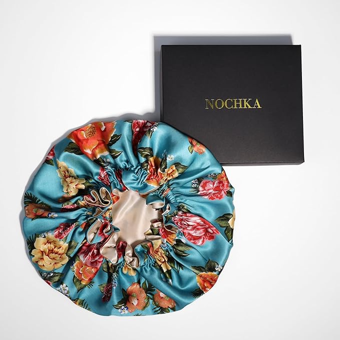 100% Mulberry Silk Bonnet for Women – Handmade in USA, 19 Momme Double-Layer Reversible Hair Wrap, Non-Slip Sleep Cap for Curly & Natural Hair, Luxury Hair Protection (Blue Peonies)