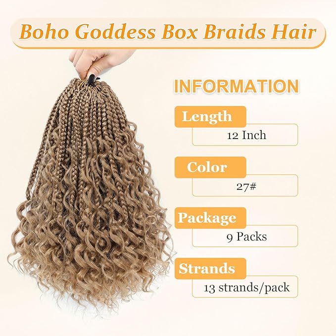 Goddess Box Braids Crochet Hair 12 Inch Boho Crochet Box-Braids With Curly Ends, 9 Packs Bohomian Box-Braid Crochet-Hair For Black Women Pre Looped Box-Braiding (12Inch 9 Packs,27#)