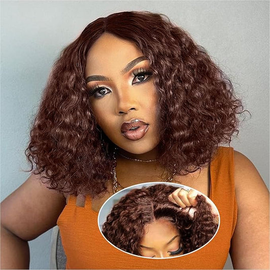 Curly Bob Wig Human Hair Deep Wave Glueless Wigs Human Hair Pre Plucked Pre Cut 5x5 Wear And Go HD Lace Closure Wigs Human Hair For Black Women 200% Density Chocolate Brown Color 12 Inch