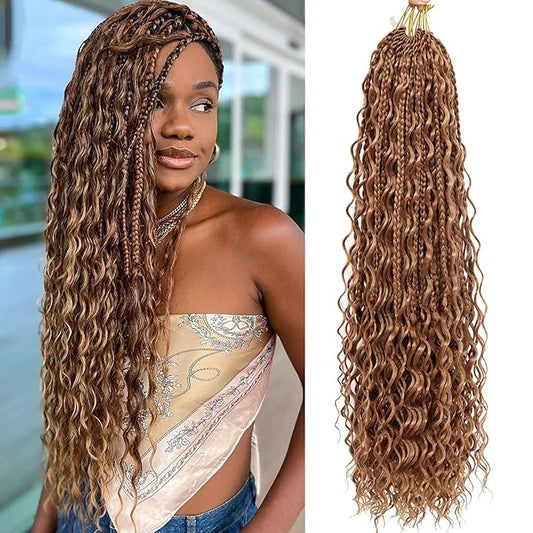 24 Inch 7 Pack Goddess Box Braids Brown Bohemian Crochet Boho Box Braids With Curly Ends Pre-looped Crochet Braids Hair for Women Synthetic Braiding Hair Extensions