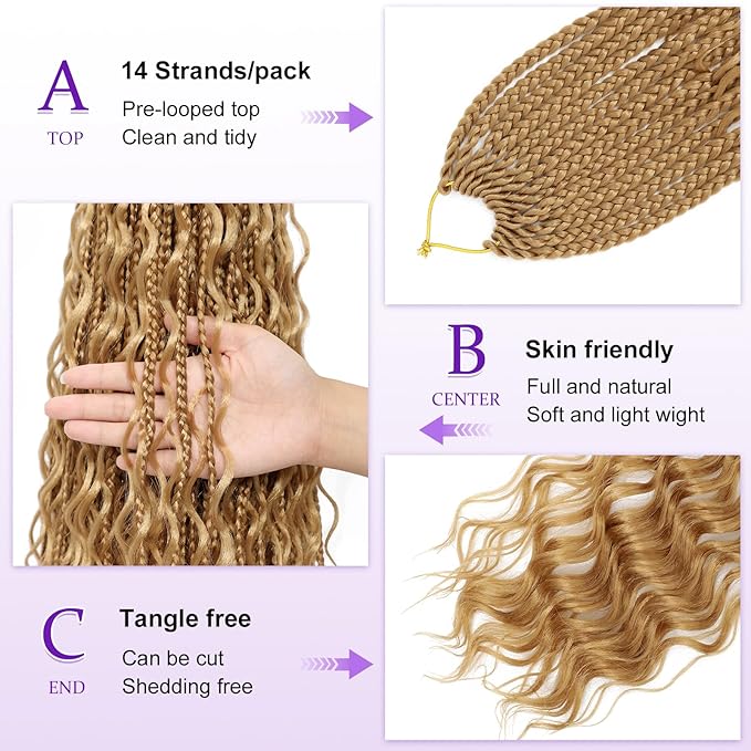 Eacia Goddess Box Braids Crochet Hair 18 Inch 7 Packs Blonde Pre Looped Boho Box Braids Crochet Hair Extensions with Curly Ends Curly Crochet Hair for Women(18 Inch, 27#)
