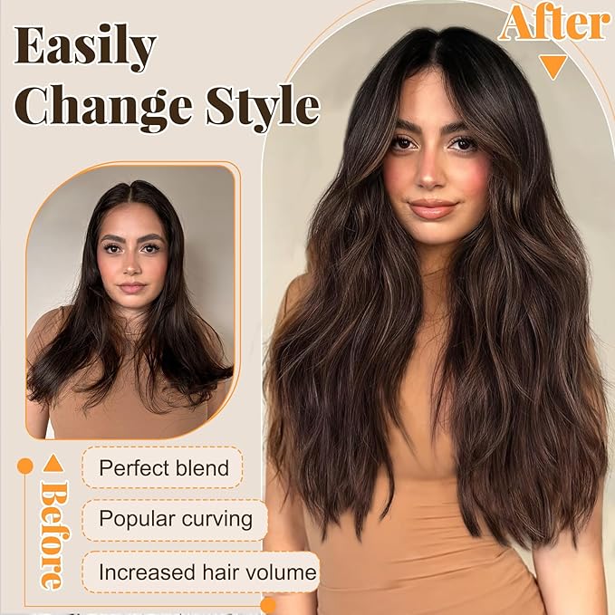 ALXNAN Clip in Long Wavy Synthetic Hair Extension 24 Inch Chocolate Brown 4PCS Thick Hairpieces Fiber Double Weft Hair for Women