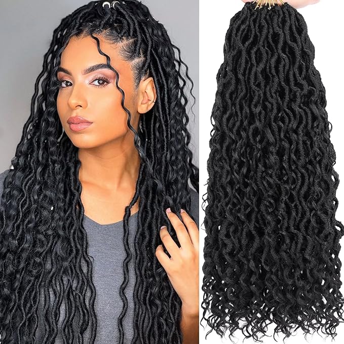 COOKOO 18 Inch 8 Packs (14 Srtands/Pcs) Pre-looped Crochet Goddess Locs with Curly Ends Jet black Soft Faux Locs Wavy Crochet Braiding Hair Pre Curled Goddess bohemian Locs Crochet Hair for Women
