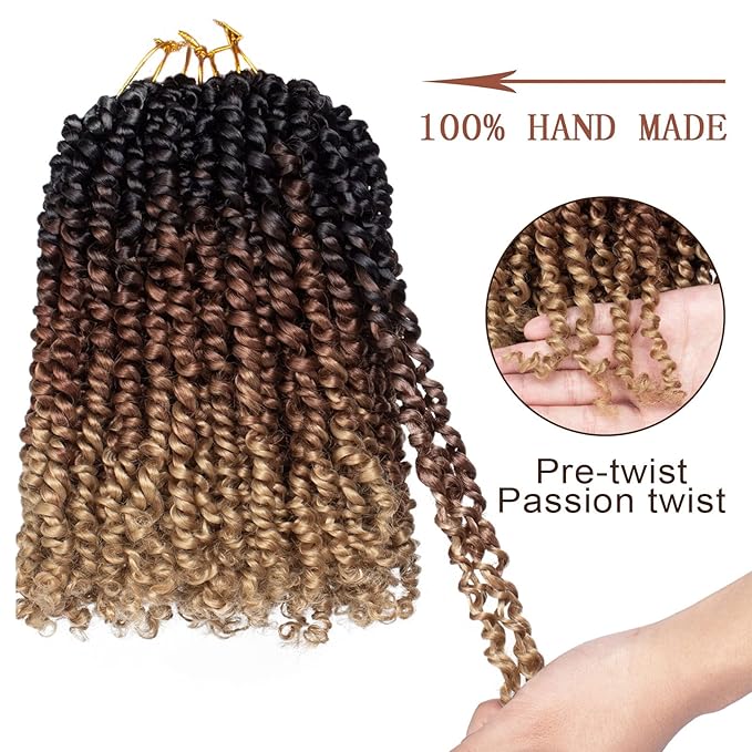 ZRQ Short Passion Twist With Bohemian Hair 12 Inch 8 Packs Ombre Brown Pre-twisted Crochet Passion Twists Synthetic Braiding Hair Curly Ends Braids Twist Hair for Black Women 12 Roots/Pack 1b3027#