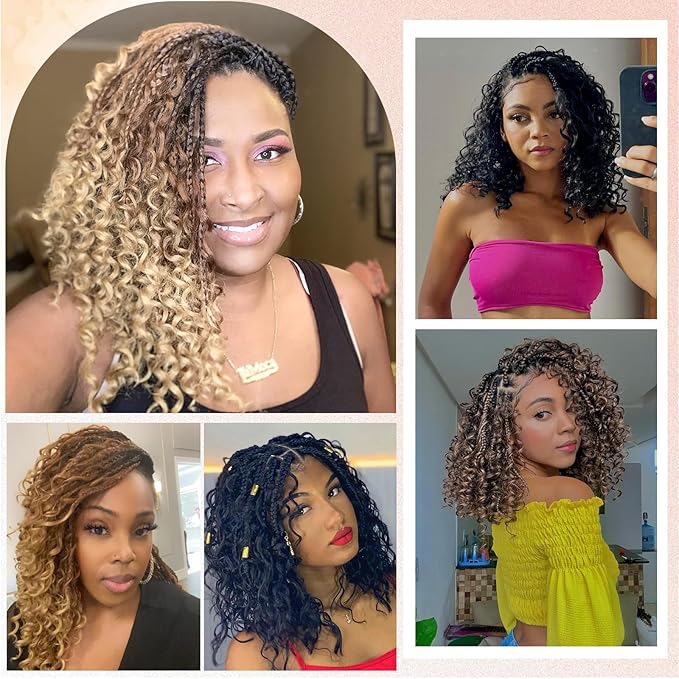 14Inch Crochet Box Braids Hair -8 Packs Goddess Box Braids Crochet Hair Bohemian Curly Crochet Hair Pre-looped Crochet Hair for Black Women(1B/Purple)