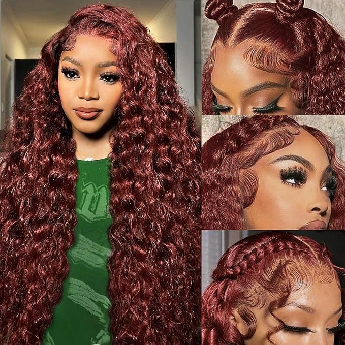 MEGOOD 200 Density 13x6 Deep Wave Reddish Brown Lace Front Wigs Human Hair Reddish Brown Curly Human Hair Wig 33# 13x6 HD Lace Frontal Wigs Human Hair Pre Plucked For Women Brown Wig 18 Inch