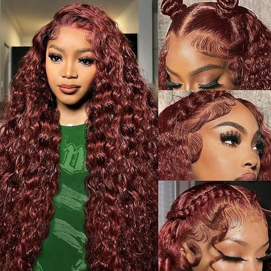 MEGOOD 13x4 Deep Wave Reddish Brown Lace Front Wigs Human Hair Reddish Brown Curly Human Hair Wig 200 Density 33# 13x4 HD Lace Frontal Wigs Human Hair Pre Plucked For Women Brown Wig 24 Inch