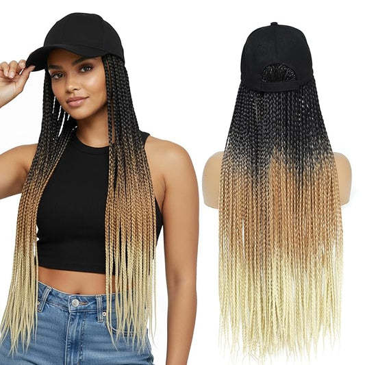 Hat Wig for Women Baseball Cap with Braided Hair Attached 24inch long Synthetic Box Braid Wig Hat Adjustable Cap with ombre black brown blonde Braids for Daily Outdoor Use (B-1B/27/613)