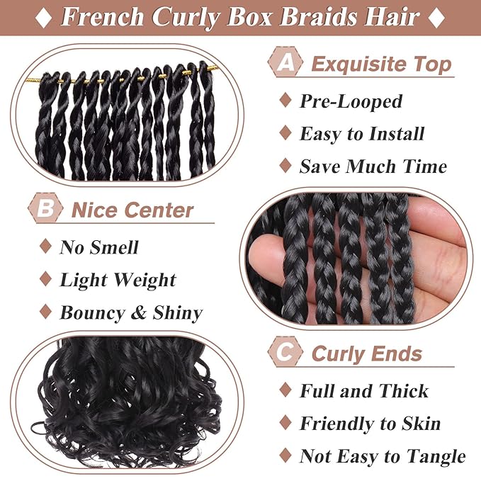 9 Packs French Curl Crochet Braids 14 Inch Box Braids Crochet Hair Pre Looped Dark Blue Goddess Crochet Box Braids with Curly Ends Bouncy French Curly Braiding Hair for Women
