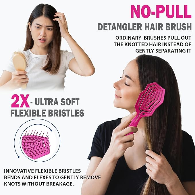 Fiora Naturals Hair Detangling Brush for Women - Detangler Hair Brush w/Flexible Soft Bristles- Gently Glides Through Tangles - Curly, Fine, Dry and Shower Wet HairBrush, cepillo para cabello - Pink