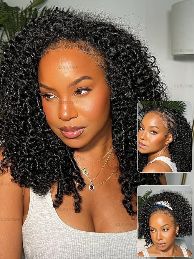 Curlyme Kinky Curly Half Wig Human Hair 3 In 1 Seamless Flip Over Half Wigs Human Hair Glueless Wear and Go Beginner Friendly Kinky Curly Wig Human Hair Drawstring Headband Wig for Women 24 Inch