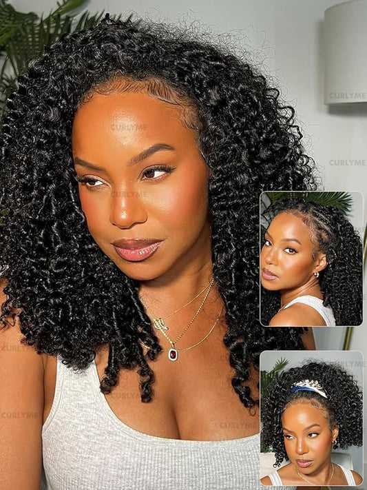 Curlyme Kinky Curly Half Wig Human Hair 3 In 1 Seamless Flip Over Half Wigs Human Hair Glueless Wear and Go Beginner Friendly Kinky Curly Wig Human Hair Drawstring Headband Wig for Women 24 Inch