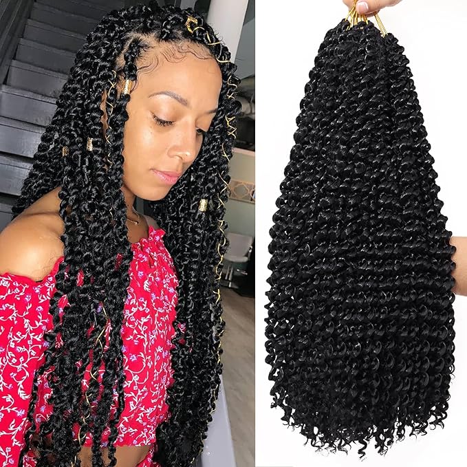 Dorsanee Black Passion Twist Hair 18 Inch 7 Packs Water Wave Crochet Hair Long Bohemian Curly Braiding Hair for Butterfly Locs, Faux Locs, Boho Style Spring Twist Crochet Braids (1#)