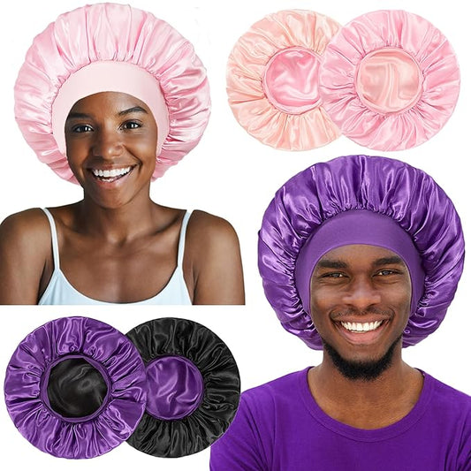 2pcs Bonnet for Men, Bonnets for Women, Satin Silk Hair Bonnet for Sleeping, Reversible Double Layer Wide Band Sleep Cap for Curly Hair Braids