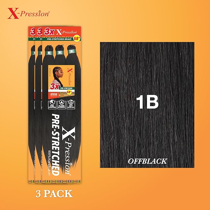 Sensationnel X-pression prestretched braiding hair - 3x braid 58 inch all kanekalon flame retardant synthetic braid for box braids and twists (3 pack, 1B OFFBLACK)