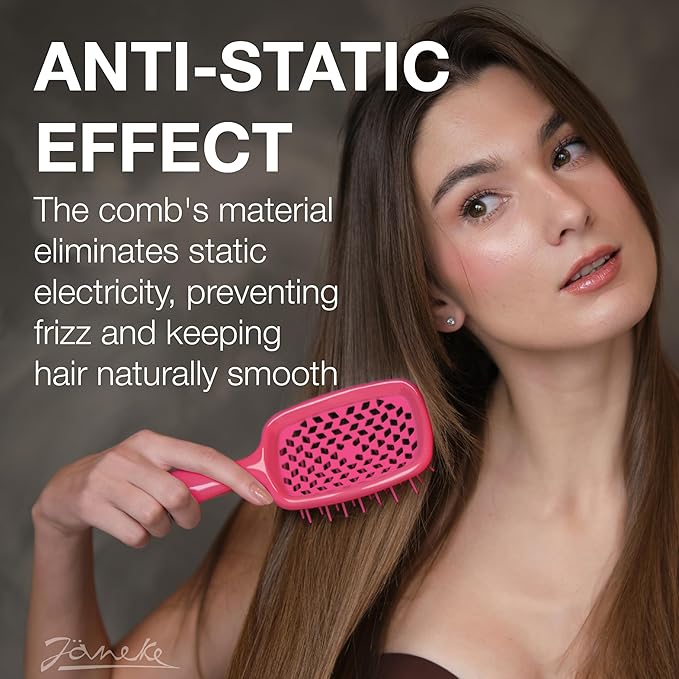 Janeke Superbrush Detangling Brush for Soft Smoothing Hair Brushing with Anti-Static Bristles - Vented Wet Hair Brush for Blow Drying Use - for Curly, Thick, Wavy, Fine Hair Types (Bright Pink)