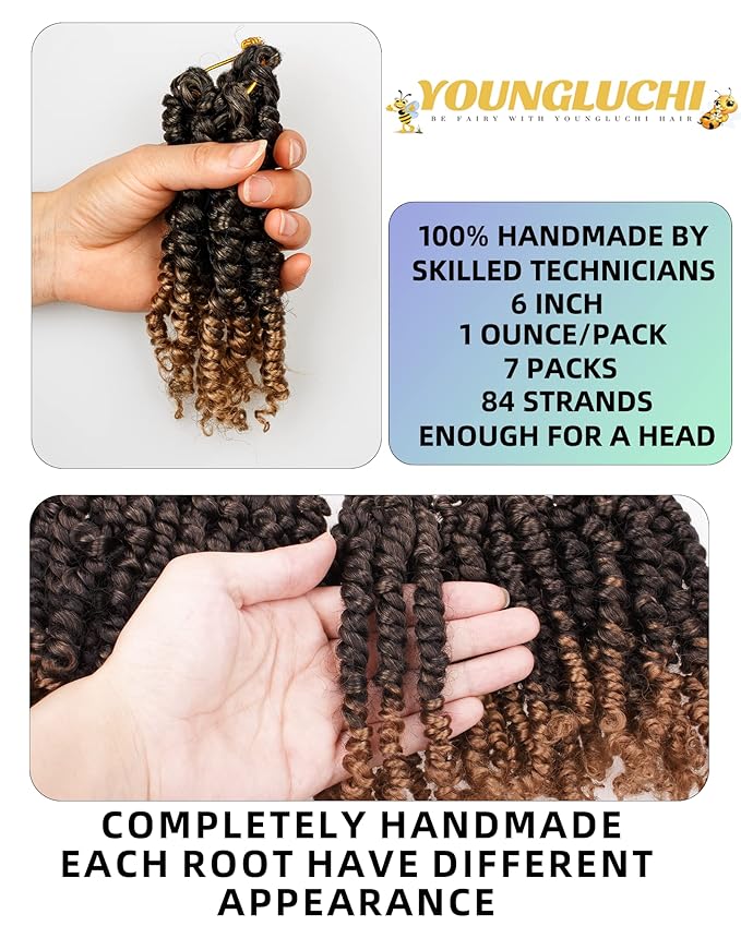 Super Short Passion Twist Crochet Hair for Black Women and Kids-6 Inch 7 Packs Ombre Blonde Pre Looped Pre-twisted Passion Twist Hair,Bob Spring Kinky Twist Bohemian Curl(6"-7P,T27)