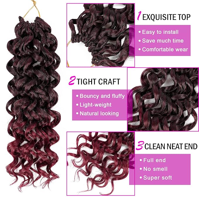 7 Packs GoGo Curl Crochet Hair 14 Inch Red Burgundy Short Curly Crochet Hair for Women Beach Curl Water Wave Deep Twist Crochet Braids Synthetic Braiding Hair Extensions (14 Inch, T1B/BUG)