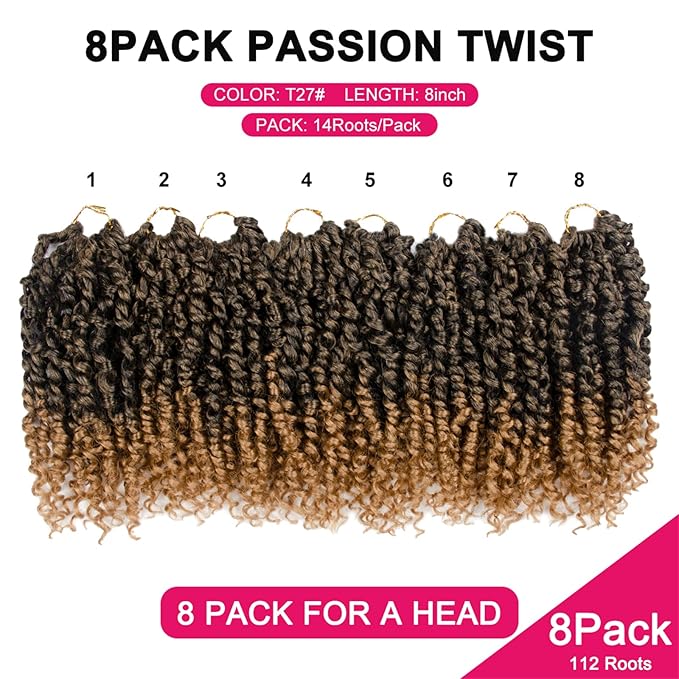 Passion Twist Hair For Kids - 8 Packs 8 Inch Passion Twist Crochet Hair For Black Women, Crochet Pretwisted Curly Hair Passion Twists Synthetic Braiding Hair Extensions(8 Inch 8 Packs, T27)