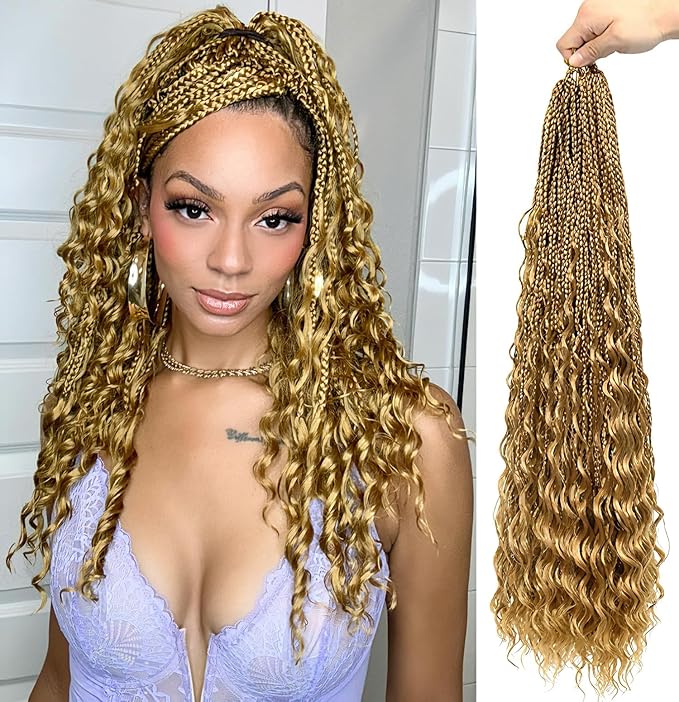 Eacia Goddess Box Braids Crochet Hair 24 Inch 7 Packs Long Boho Crochet Hair with Curly Ends Pre Looped Blonde Bohemian Box Braids(24 Inch, 27#)