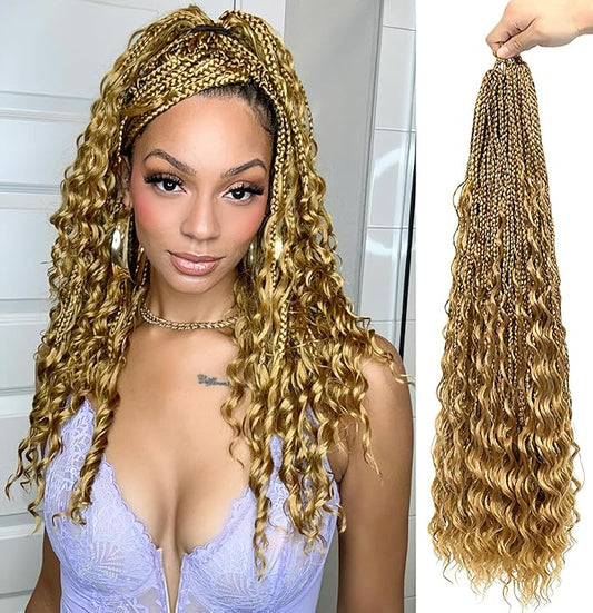 Eacia Goddess Box Braids Crochet Hair 24 Inch 7 Packs Long Boho Crochet Hair with Curly Ends Pre Looped Blonde Bohemian Box Braids(24 Inch, 27#)