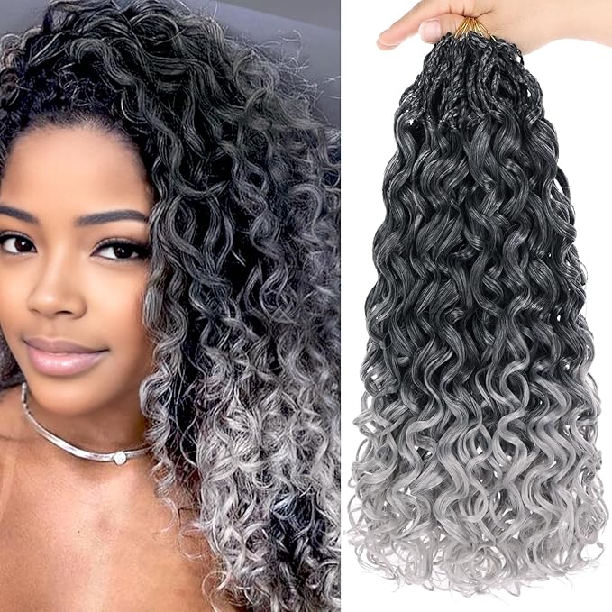 Leeven Gogo Curl Crochet Hair 14 Inch 8 Packs Ombre Gray Ocean Wave Crochet Hair Pre Looped Deep Twist Goddess Box Braids Short Curly Water Wave Synthetic Braiding Hair for Women Girl Kids