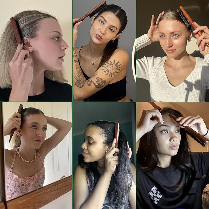 GranNaturals Teasing Boar Bristle Hair Brush for Women - Slick Back Comb with Rat Tail Pick for Hair Sectioning Used for Edge Control, Backcombing, Smoothing, and Styling Fine Hair to Create Volume