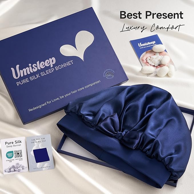Umisleep Double-Sided 100% 22 Momme Mulberry Silk Bonnet for Sleeping Women, Large Silk Hair Wrap for Long Curly Hair, Non-Slip Sleep Cap with Adjustable Band, Navy Blue